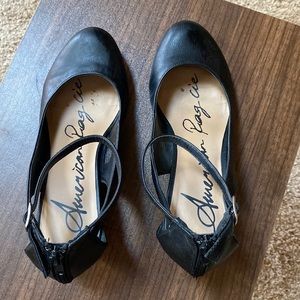 American rag black ankle strap wedges - size 8.5